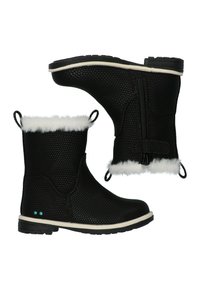 Botas de tobillo negras con un diseño texturizado y de grano. Presentan un ribete de piel sintética blanca, cremallera lateral y pequeños detalles verdes en el tacón.