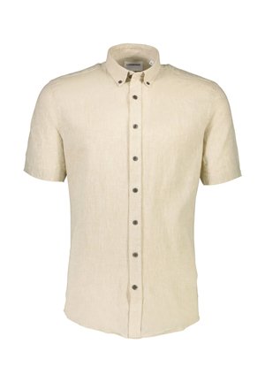 Camisa de botones de manga corta en color beige, hecha de lino, con un collar puntiagudo, bajo recto y botones marrón oscuro a lo largo de la placket frontal.