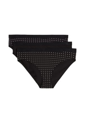 Three black bikini-cut underwear with small white diamond patterns stacked horizontally on a white background.