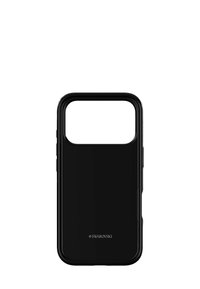 Czarna obudowa na telefon z otwartą górą. Wykonana z trwałego plastiku o gładkiej fakturze. Nazwa marki „Swarovski” wytłoczona na plecach.