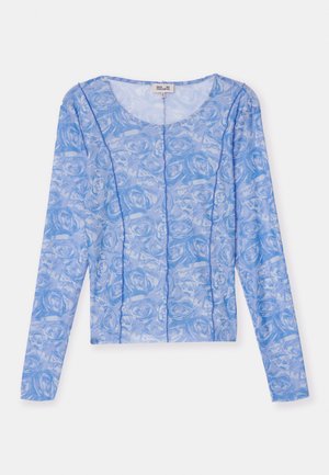 Blue long-sleeve top with a rose pattern, featuring a round neckline and visible seams. Made of lightweight, sheer fabric.