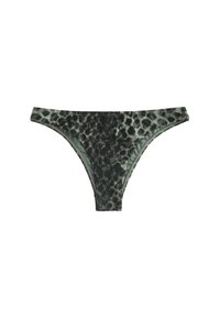 Bas de bikini taille basse avec motif léopard vert foncé et noir sur tissu lisse, présenté à plat sur fond blanc.