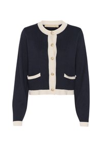 Marineblauer Cardigan mit cremefarbenen Akzenten, Rundhalsausschnitt, goldenen Knöpfen und zwei Fronttaschen; weiche Textur, kurzes Design, lange Ärmel.