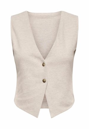 Gilet sans manches beige clair avec un col en V, deux boutons sur le devant et un ourlet légèrement arrondi. Fabriqué en tissu doux et texturé.