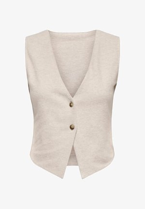 Lichtbeige mouwloze vest met een V-hals, twee knopen aan de voorkant en een licht gebogen zoom. Gemaakt van zachte, textuurstof.