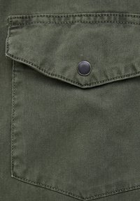 Gros plan sur une poche en tissu vert olive avec un rabat fixé par un seul bouton-pression noir et des coutures visibles.