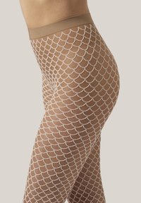 Hudfärgade strumpbyxor med vit nätdesign, med en mjuk yta och bred elastisk midjeband för komfort och passform.