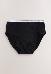 Culotte hipster en coton noir avec une ceinture élastique blanche portant le logo "NEXT". Texture douce et design à couverture complète.