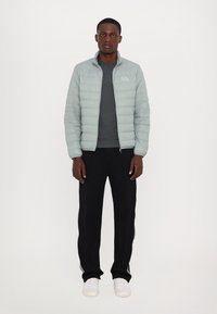 Light gray puffer jacket with a quilted design, zip closure, and high collar. Paired with a dark gray shirt and black track pants.