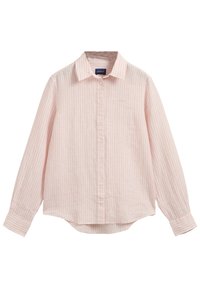 Hellrosa gestreiftes Hemd mit langen Ärmeln, klassischem Kragen und abgerundetem Saum. Hergestellt aus weichem Stoff; mit dezentem Logo-Stickerei.