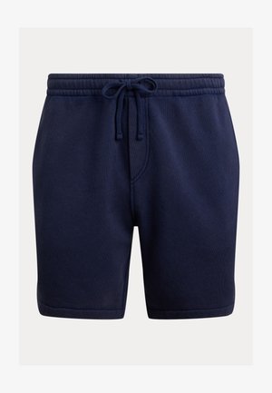 Tumedat laevsinised puuvillased lühikesed püksid elastse vöökohaga ja ees keskel seotud nööriga.