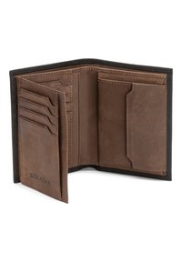 Leather bifold wallet in dark brown with black stitching; features multiple card slots and a bill compartment, smooth texture, minimal detailing.