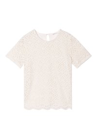 Kurzärmliges weißes Spitzentop mit floralem Muster, gewelltem Saum und Schlüsselaugenverschluss auf der Rückseite für zusätzliche Details.