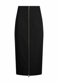Jupe crayon midi noire avec une fermeture éclair dorée sur toute la longueur à l’avant et taille haute, conçue pour une coupe slim.