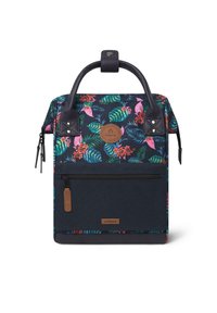 Floral backpack with a navy base, featuring pink tropical patterns, a front pocket with zipper, and sturdy leather accents.