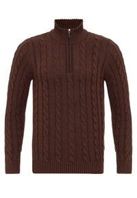 Brązowy sweter z dzianiny w warkocze, z wysokim kołnierzem i półzamkiem. Posiada teksturowane wzory oraz prążkowane mankiety przy rękawach i w talii.