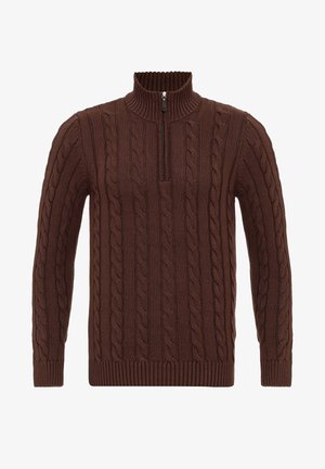 Brauner Kabelstrickpullover mit hohem Kragen und halbem Reißverschluss. Verfügt über strukturierte Muster und gerippte Bündchen an den Ärmeln und am Saum.