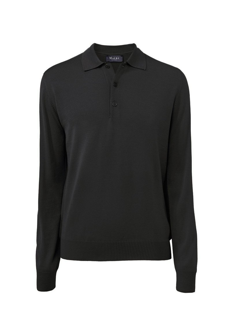 Schwarzes Langarm-Polo-Shirt mit geripptem Kragen, drei-Knopf-Leiste sowie geripptem Saum und Bündchen, aus weichem Stoff gefertigt.