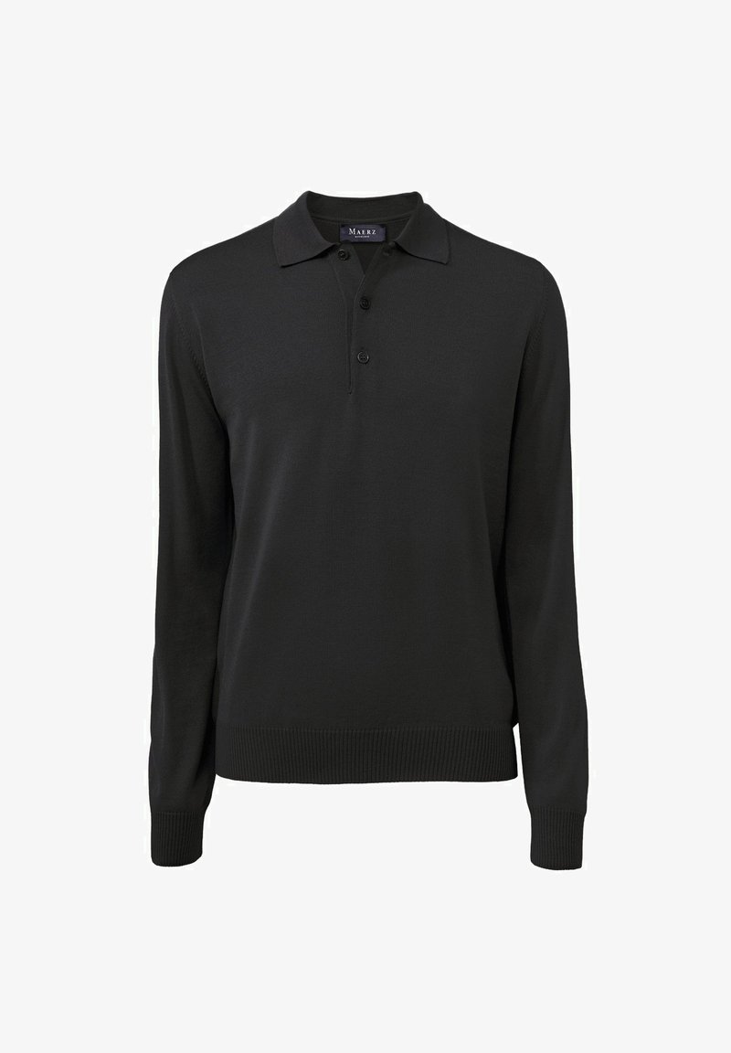 Schwarzes Langarm-Polo-Shirt mit geripptem Kragen, drei-Knopf-Leiste sowie geripptem Saum und Bündchen, aus weichem Stoff gefertigt.