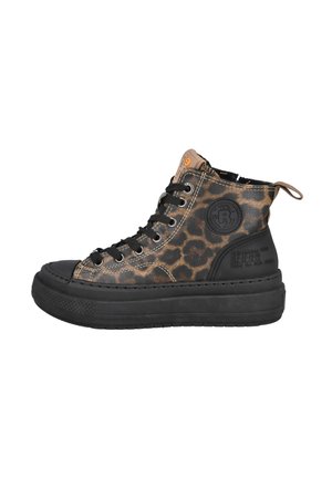 Zapatillas altas con estampado de leopardo, suela de goma negra, cordones negros y un parche con logo. Presenta un collar acolchado y costuras en contraste.