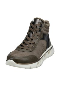 Brauner High-Top-Sneaker aus Wildleder und Leder, mit Schnürdesign, Kunstpelzkragen, weißer Sohle und texturierten Akzenten.