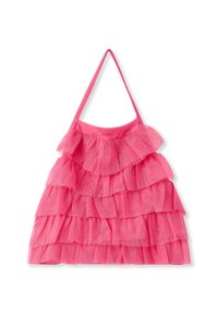 Borsa rosa realizzata in tessuto stratificato e testurizzato con ruches. Presenta spalline sottili e una parte superiore arricciata per dare forma.