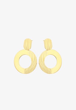 Goldfarbene Ohrringe in kreisförmiger Form mit einer strukturierten und einer glatten Hälfte, ausgestattet mit einem kleinen runden Steg oben.