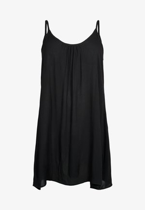 Czarna sukienka bez rękawów, wykonana z lekkiego materiału, z okrągłym dekoltem, marszczeniem z przodu oraz luźnym krojem.