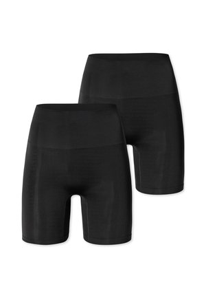 Zwei Paare schwarze nahtlose High-Waist-Biker-Shorts mit mittlerer Oberschenkellänge, gezeigt vor weißem Hintergrund.