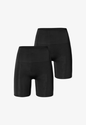 Zwei Paare schwarze nahtlose High-Waist-Biker-Shorts mit mittlerer Oberschenkellänge, gezeigt vor weißem Hintergrund.