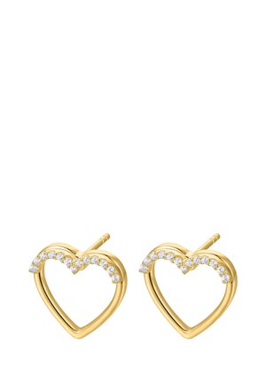 Goldene herzförmige Ohrringe mit glatter Oberfläche, die eine Reihe kleiner, klarer Edelsteine entlang der oberen Kurve aufweisen. Metallstecker zur Befestigung.