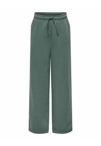 Mørkegrønne sweatpants med elastisk talje og justerbar snor, der har et afslappet brede ben-design og blød tekstur.