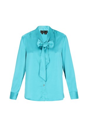 Turkusowa jedwabna bluzka z kokardą przy kołnierzyku, długimi rękawami i zapięciem na guziki, o gładkiej fakturze.