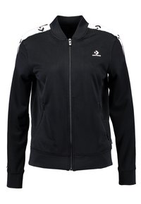 Black zip-up jacket featuring a stand collar, side pockets, and white stripe accents on the shoulders with star logos.