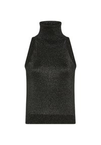 Top senza maniche, di colore nero, con collo alto, realizzato in un tessuto lucido e testurizzato. Presenta un design aderente.