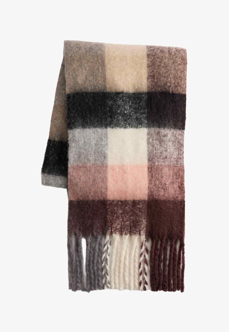 Woven plaid scarf featuring varying shades of beige, pink, gray, and black with frayed edges and a soft, textured finish.