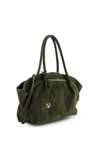 Olivově zelená kabelka z broušené kůže s dvojitými horními držadly, odnímatelným ramenním popruhem, kování se zlatým tónem a zavazováním na vrchu.