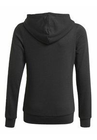 Felpa nera con cappuccio realizzata in misto cotone, con maniche lunghe, polsini e orlo rigati, e una texture liscia e morbida.