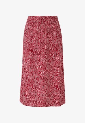 Červená sukňa s geometrickým vzorom v bielej farbe, s elastickým pásom a strednou dĺžkou, strih A-línie. Textúra z bavlny.