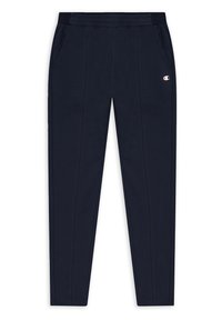 Pantaloni da ginnastica slim-fit blu navy con cintura elastica, tasche laterali e piccolo logo Champion sulla coscia sinistra.