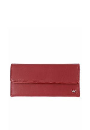 Red rectangular leather wallet with flap closure and small silver logo on bottom right corner, shown closed on white background.