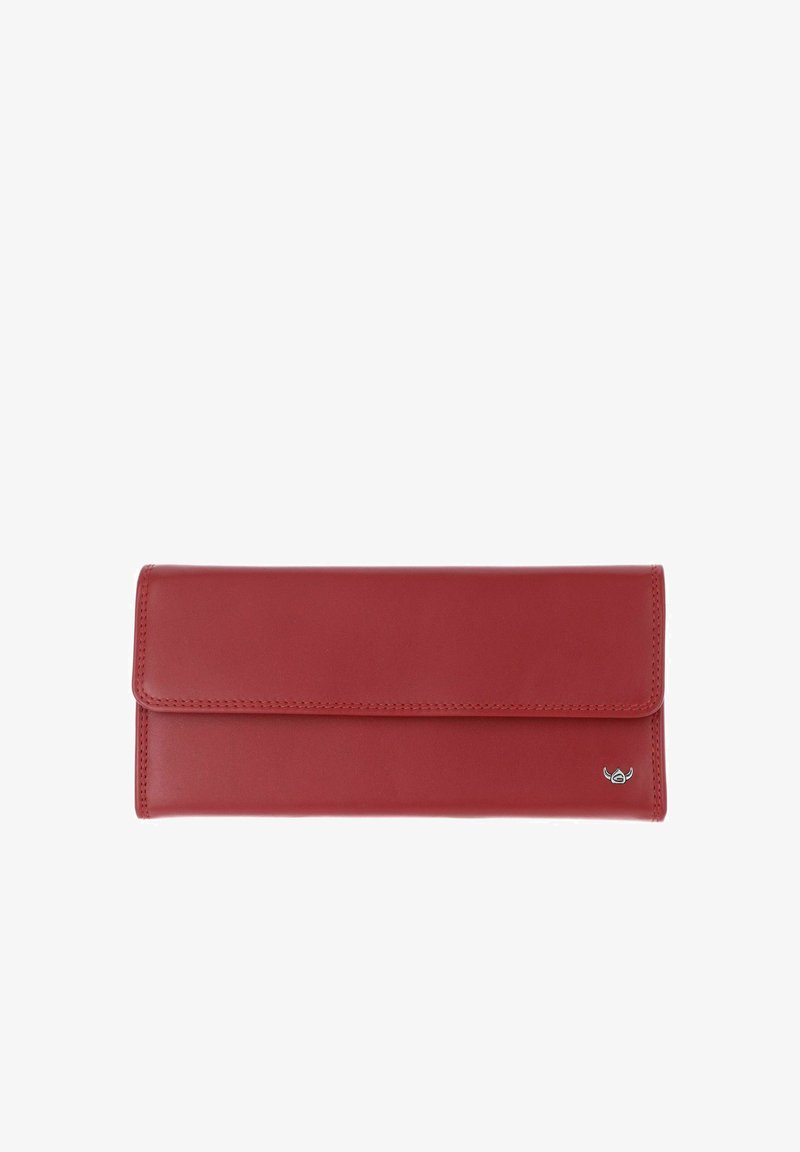 Portefeuille rectangulaire en cuir rouge avec fermeture à rabat et petit logo argenté en bas à droite, présenté fermé sur fond blanc.