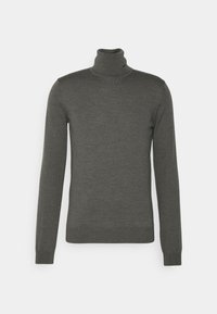 Grauer Rollkragenpullover mit langen Ärmeln, aus weichem Strickmaterial. Besitzt ein tailliertes Design sowie gerippte Säume und Bündchen für zusätzliche Textur.