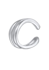 Anillo abierto de plata con un acabado suave y pulido, que presenta tres bandas entrelazadas y bordes redondeados. Apto para varios tamaños de dedo.