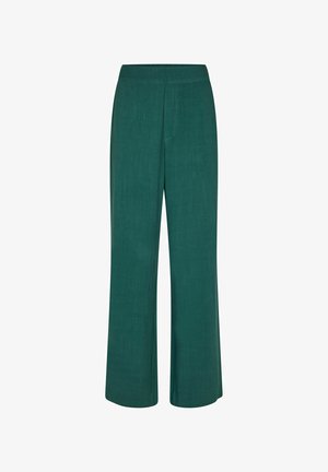 Pantaloni larghi verdi realizzati in tessuto testurizzato, con vita alta e linee pulite e sartoriali, senza chiusure visibili né tasche.