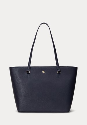Sac cabas en cuir texturé bleu marine avec de longues poignées et un petit logo doré RLL centré près du haut.