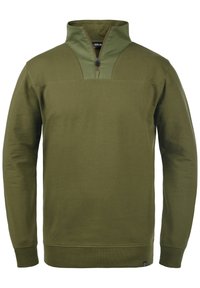 Olivgrüner Pullover aus weichem Stoff, mit einem halben Reißverschluss am Kragen, kontrastierendem Frontpanel und gerippten Bündchen und Saum.