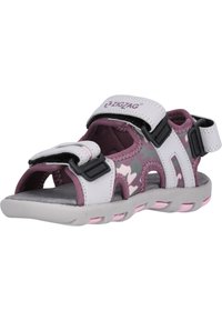 Lila och vit sandal med öppen design, justerbara svarta kardborreband, vadderad innersula och mönstrade tygdetaljer.