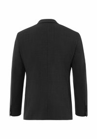 Blazer noir sur mesure en tissu texturé, manches de longueur moyenne et une fente simple à l'arrière. Revers crantés classiques et deux boutons aux poignets.