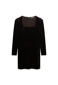 Sort velourlangærmet kjole med firkantet udskæring og lynlås bagpå. Glat tekstur med en figursyet silhuet.